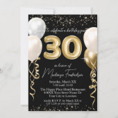 Invitation Ballons Gold 30th Birthday sur noir (Devant)