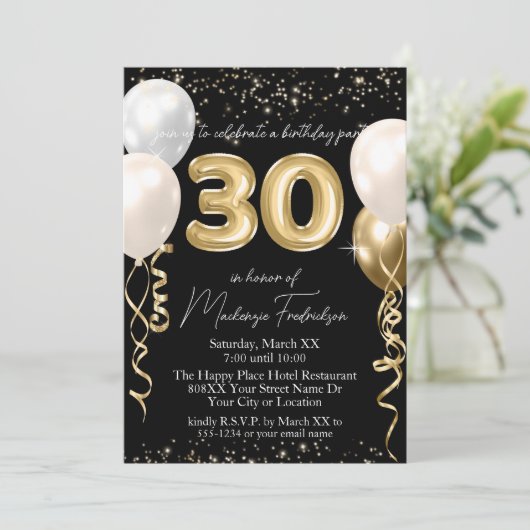 Invitation Ballons Gold 30th Birthday sur noir (Debout devant)