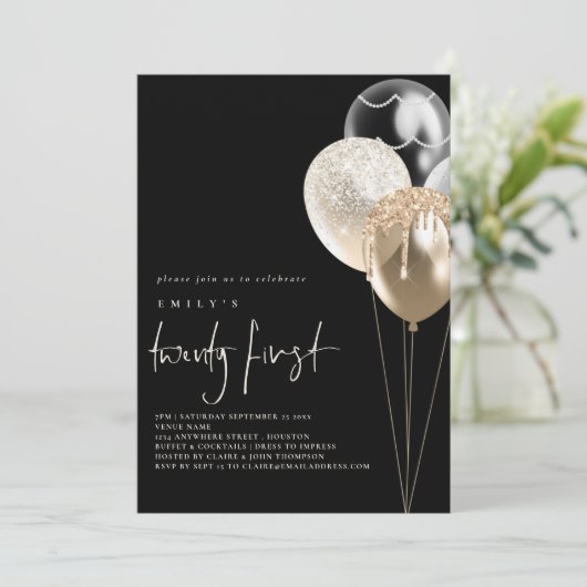 Invitation Ballons Gold Ivory QR Code 21ème Partie Noir (Debout devant)