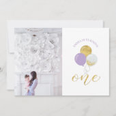Invitation Ballons Gold & Purple | Fille 1er fête d'anniversa (Devant)