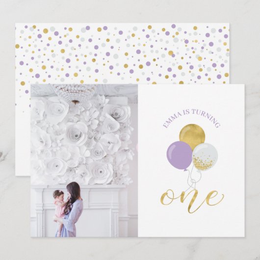 Invitation Ballons Gold & Purple | Fille 1er fête d'anniversa (Devant / Derrière)