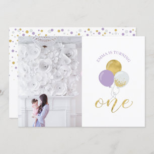 Invitation Ballons Gold & Purple   Fille 1er fête d'anniversa