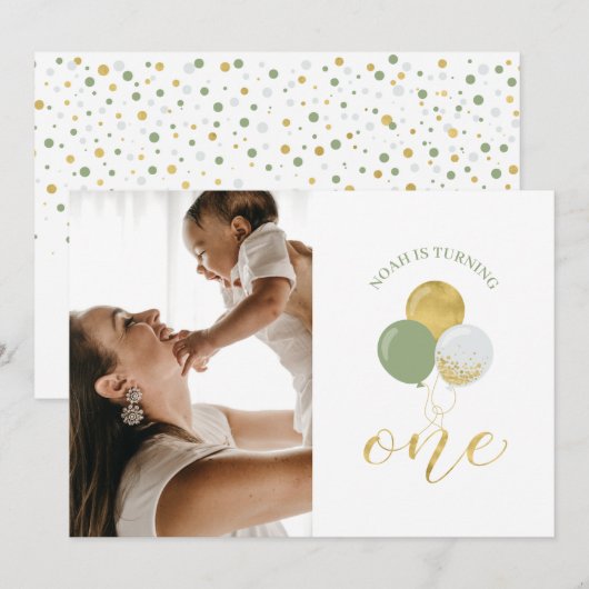 Invitation Ballons Gold & Sage | Fête du 1er anniversaire du  (Devant / Derrière)