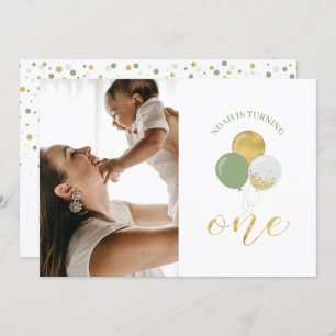 Invitation Ballons Gold & Sage Fête du 1er anniversaire du