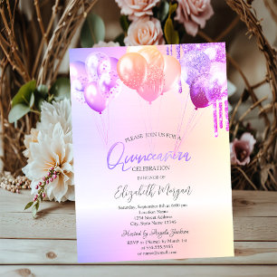 Invitation Ballons gouttes de paillettes violettes Quinceañer