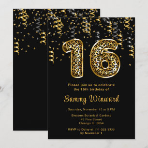 Invitation Ballons imprimés léopard avec confettis pour 16e a