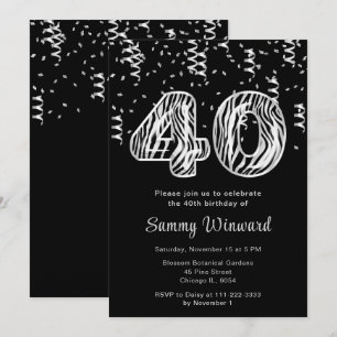 Invitation Ballons imprimés zèbre pour 40 ans avec confettis