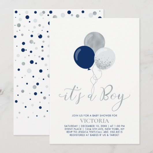 Invitation Ballons Marine et Argent | C'est un Baby shower de (Devant / Derrière)