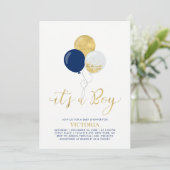 Invitation Ballons Marine et Or | C'est un Baby shower de gar (Debout devant)