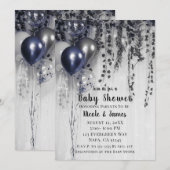 Invitation Ballons métalliques d'argent bleu Baby shower ivoi (Devant / Derrière)