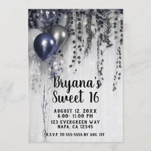 Invitation Ballons métallisés bleu argent Ivy Blanc Sweet 16
