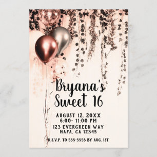 Invitation Ballons métallisés rose gold crème doux 16 ans
