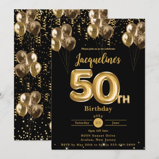 Invitation Ballons Noir et Or Confetti 50e anniversaire (Devant / Derrière)