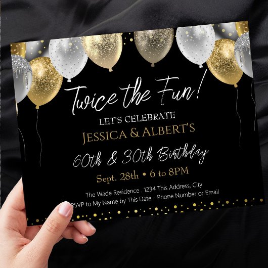 Invitation Ballons noir et or double anniversaire