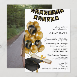 Invitation Ballons Noir et Or moderne Diplôme photo
