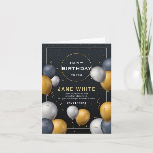 Invitation Ballons noir et or modifiable Anniversaire adulte (Devant)