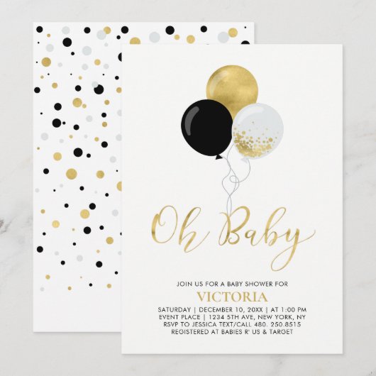 Invitation Ballons noir et or | Oh Baby Boy Baby shower (Devant / Derrière)
