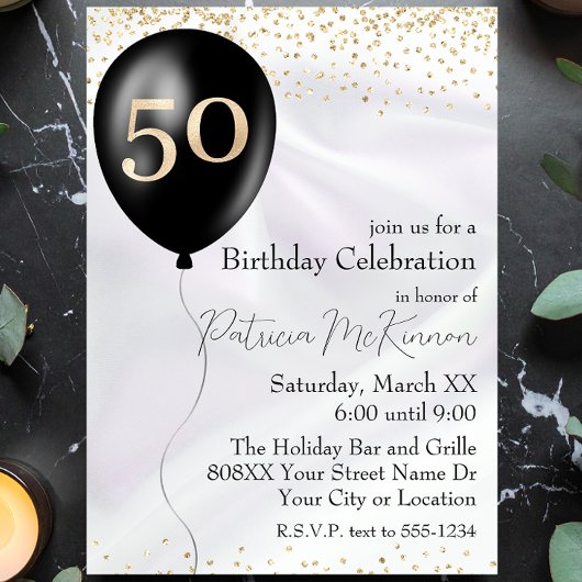 Invitation Ballons noir et or Satin blanc 50e anniversaire