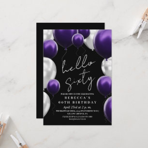 Invitation Ballons noirs argentés violets modernes pour 60 an