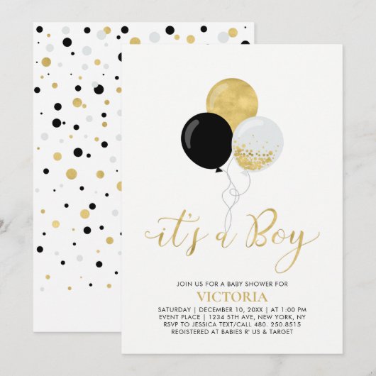 Invitation Ballons noirs et dorés | C'est un garçon pour la B (Devant / Derrière)
