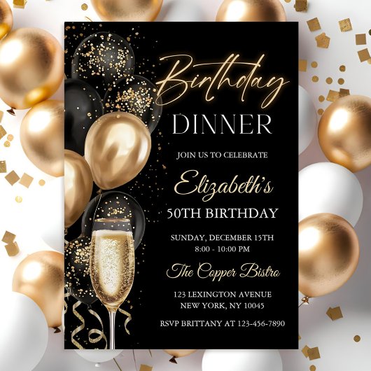 Invitation Ballons noirs et dorés élégants pour dîner d'anniv