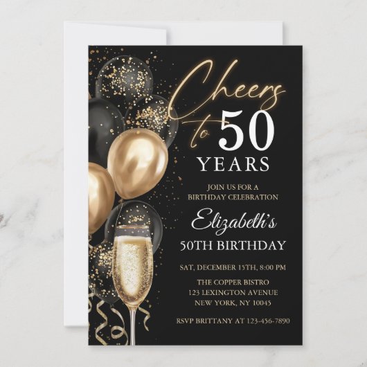 Invitation Ballons noirs et dorés pour 50 ans de Cheers (Devant)