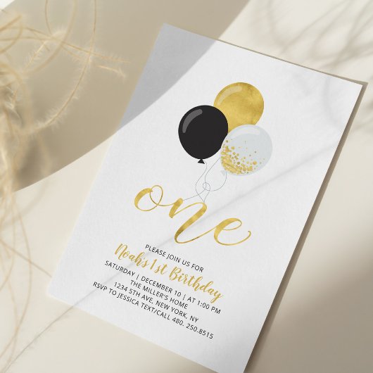 Invitation Ballons noirs et dorés pour la première fête d'ann