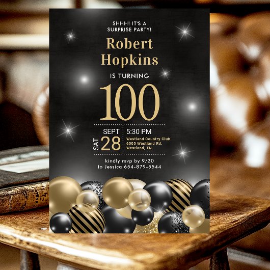 Invitation Ballons noirs et dorés pour les 100 ans de surpris