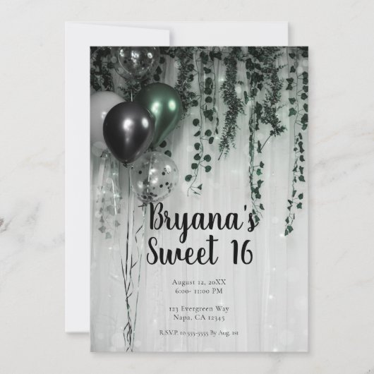 Invitation Ballons noirs verts Ivy Jungle Party Sweet 16 (Devant)