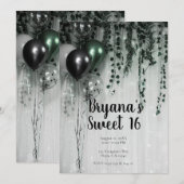 Invitation Ballons noirs verts Ivy Jungle Party Sweet 16 (Devant / Derrière)