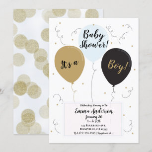 Invitation Ballons Or Bleu et Noir C'est un Garçon Baby Showe