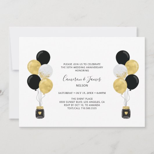Invitation Ballons Or et Noir 50e Anniversaire de Mariage (Devant)