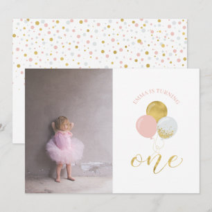 Invitation Ballons or et rose   Fille 1er fête d'anniversaire