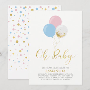 Invitation Ballons Or, Rose, Bleu   Oh Bébé Baby Shower