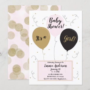 Invitation Ballons Or Rose et Noir C'est une fille Baby Showe