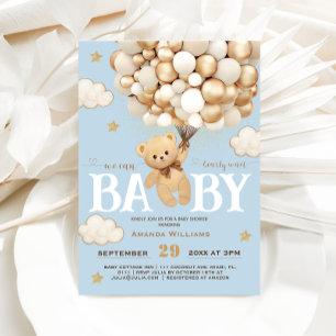 Invitation Ballons Ours à peine attendre Baby Shower Bleu Cla