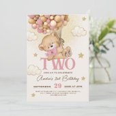 Invitation Ballons Ours Bébé Fille 2e Anniversaire (Debout devant)
