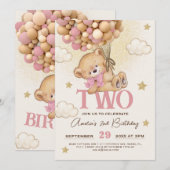 Invitation Ballons Ours Bébé Fille 2e Anniversaire (Devant / Derrière)
