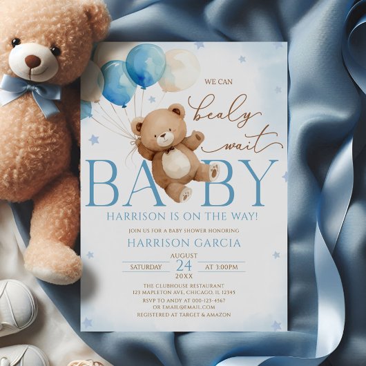 Invitation Ballons Ours en Peluche Bleu Baby Shower