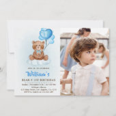 Invitation Ballons Ours en Peluche Bleu Photo Premier Anniver (Devant)