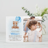 Invitation Ballons Ours en Peluche Bleu Photo Premier Anniver (Debout devant)