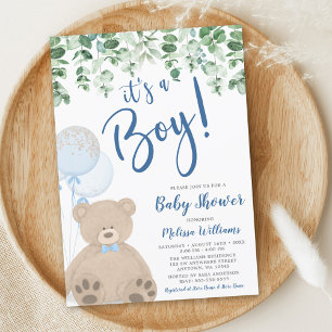 Invitation Ballons Ours en Peluche Eucalyptus Fille ou Garçon