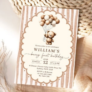 Invitation Ballons Ours en Peluche Marron Rayures 1er Anniver