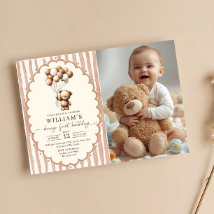Invitation Ballons Ours en Peluche Marron Rayures 1er Anniver