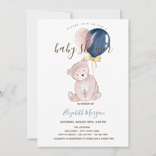 Invitation Ballons Ours En Teddy Baby shower En Tige Rose (Devant)