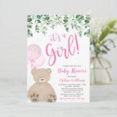 Invitation Ballons Ours En Teddy Baby shower Fille Eucalyptus (Debout devant)