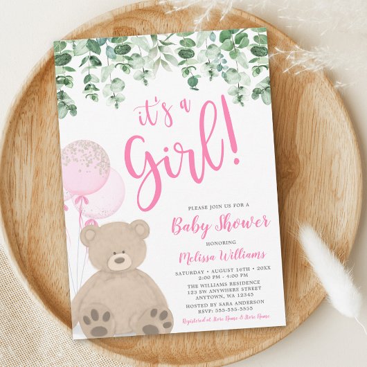 Invitation Ballons Ours En Teddy Baby shower Fille Eucalyptus