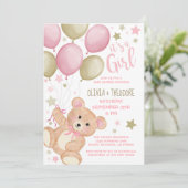 Invitation Ballons Ours En Teddy Baby shower Gold Rose (Debout devant)