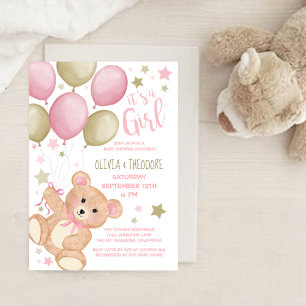 Invitation Ballons Ours En Teddy Baby shower Gold Rose