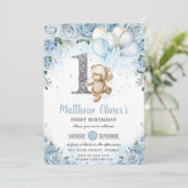 Invitation Ballons Ours En Teddy Bleu Floral Premier Annivers (Debout devant)